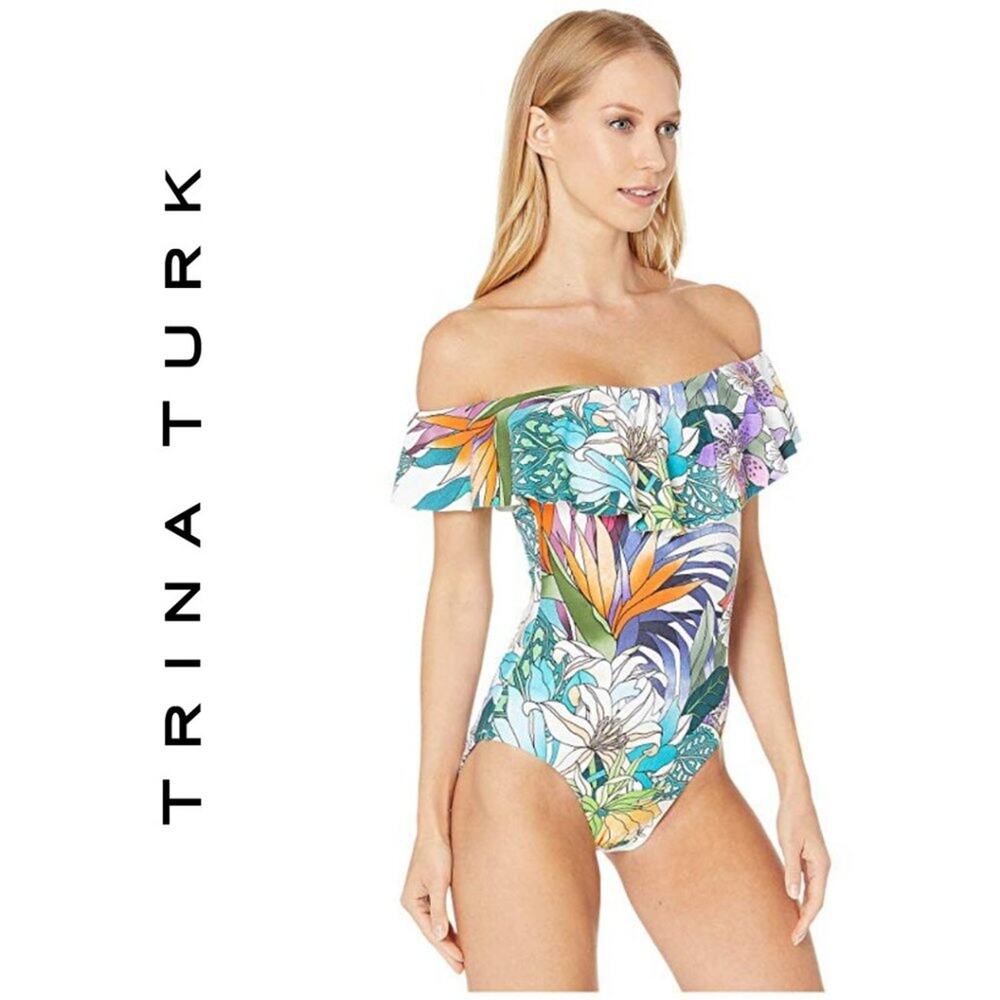 NWT TRINA TURK Off Shoulder Multi Floral One Piece Swimsuit | 4